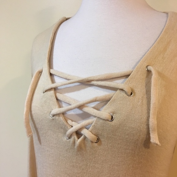 Lace Up V Neck Bell Sleeve Knit Sweater Dress Sand Beige - Picture 2 of 4